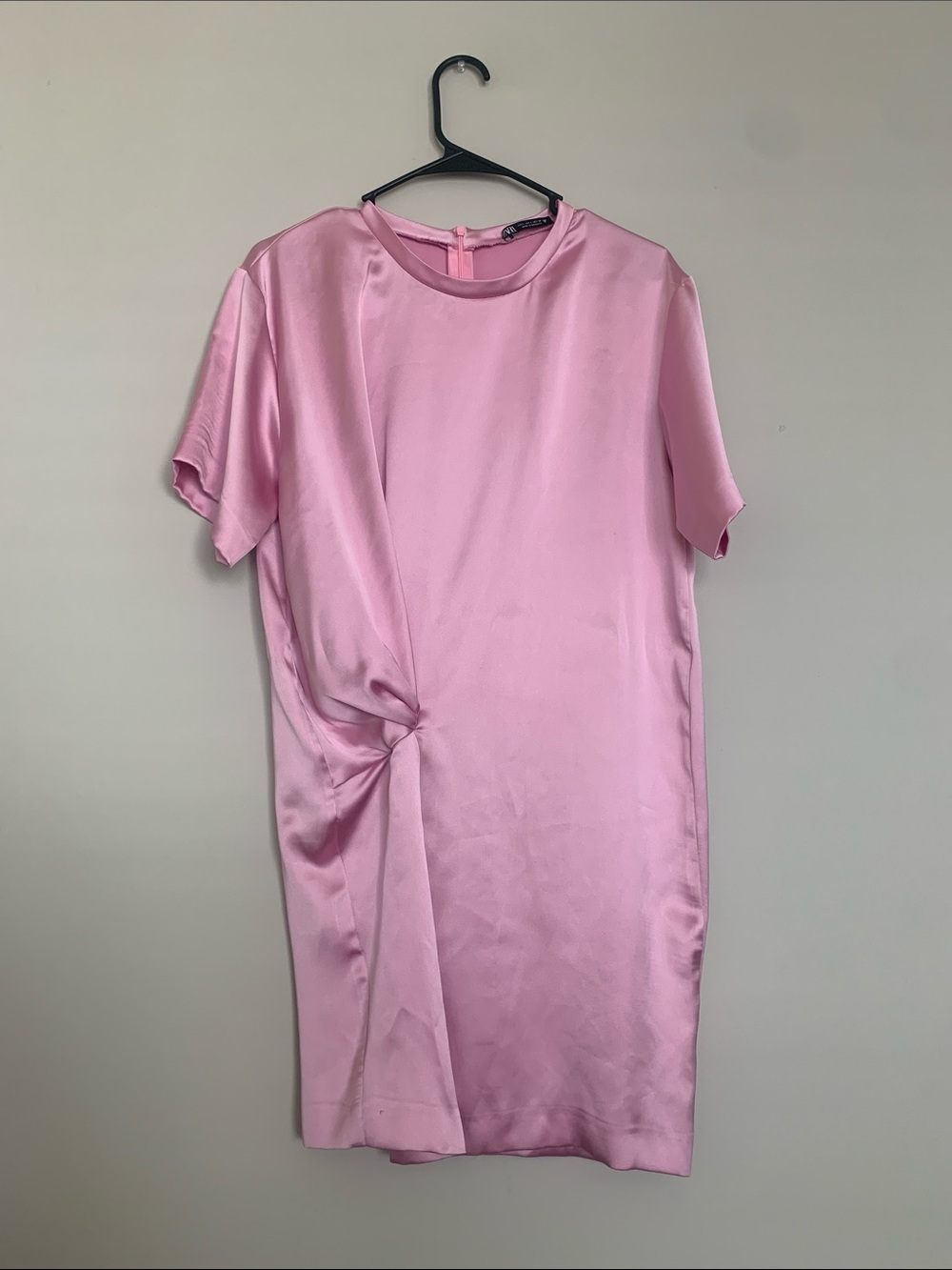 Zara Light Pink Satin Knot-Detail Shift Dress